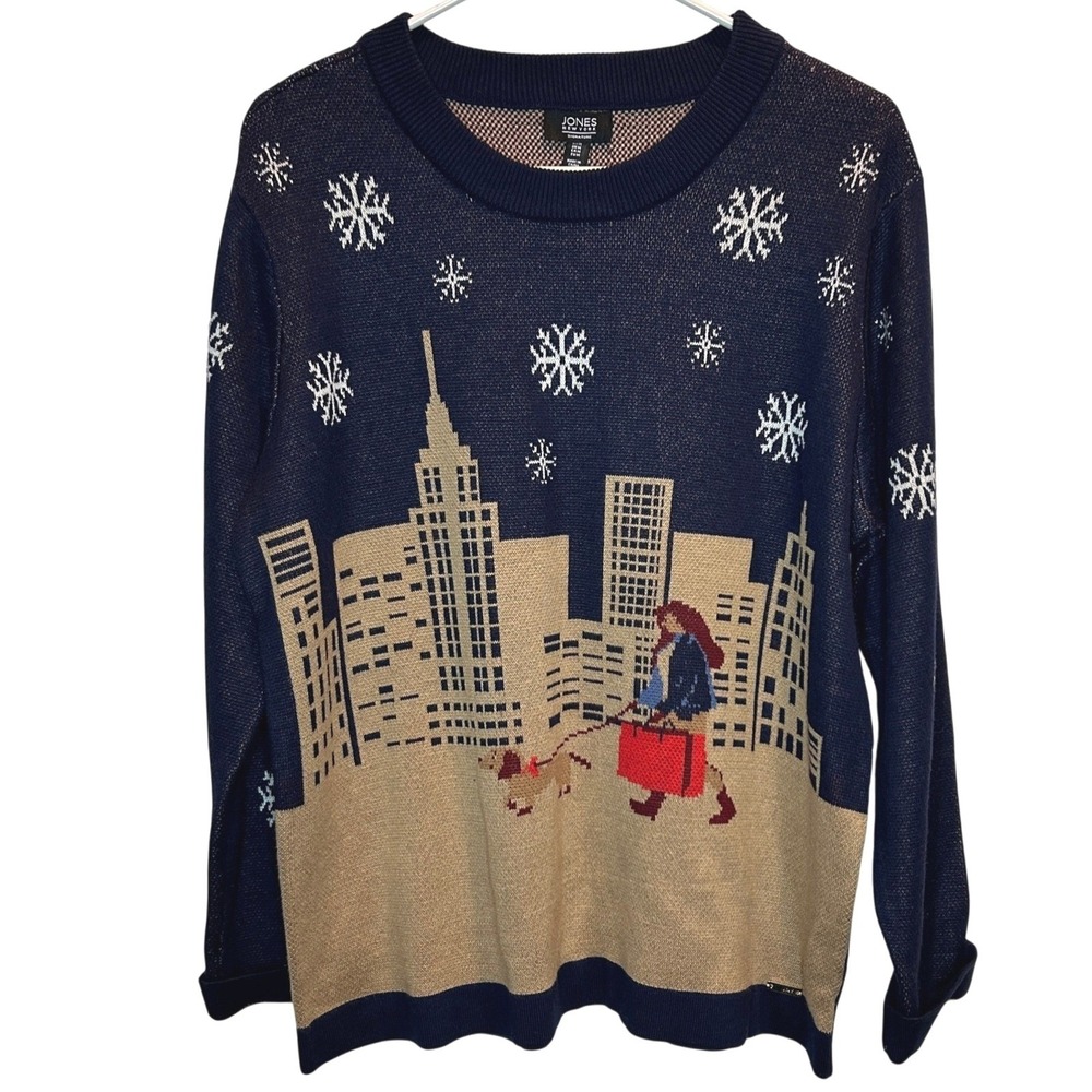 Jones New York Sweater Med Women Navy Cityscape Snowflake Holiday Metallic Knit